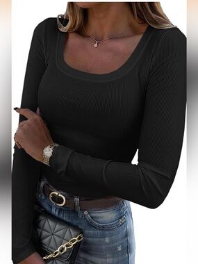 Zeagoo Long Sleeve Top Size Small Black Scoop Neck Rib Knit Stretch New